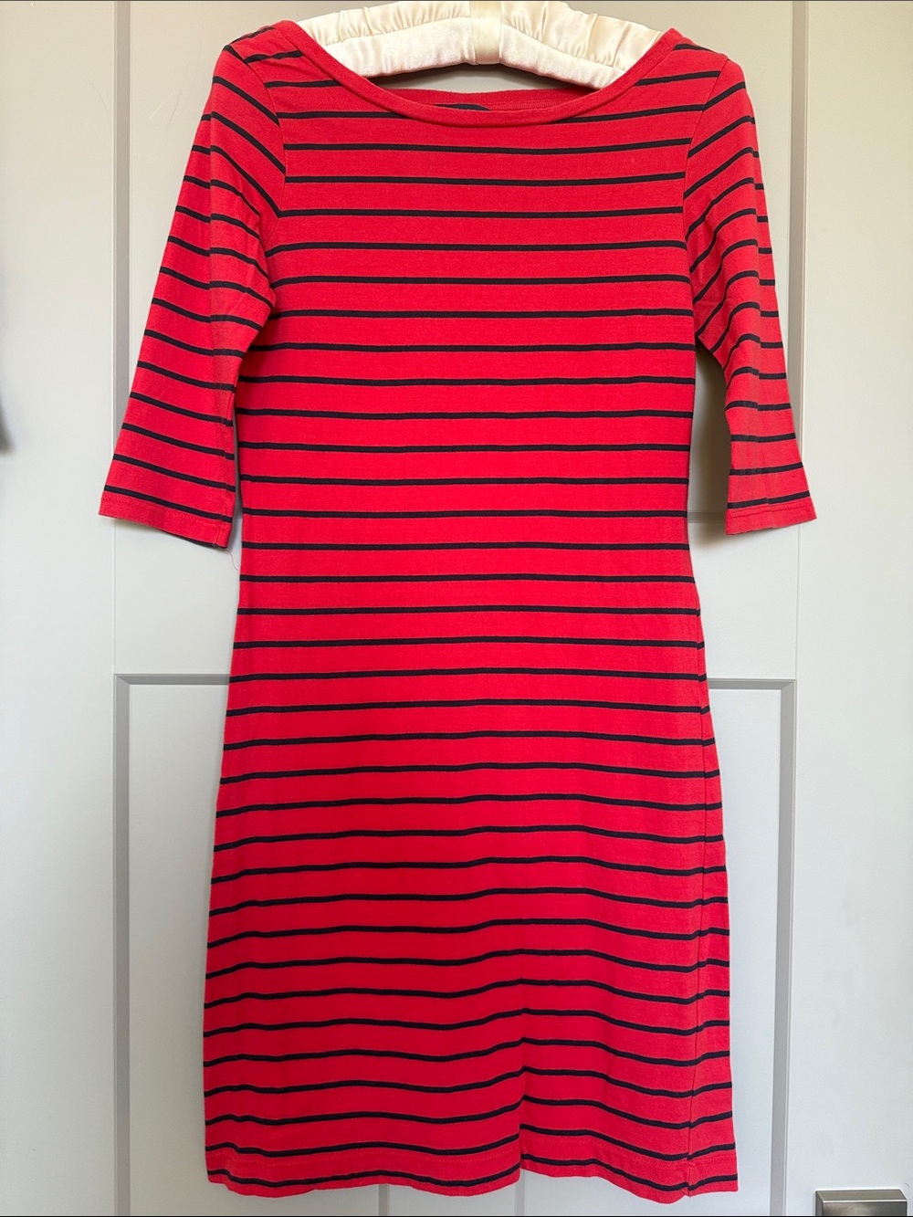 French Connection 100% Cotton Boatneck Red and Black Striped Midi Dress